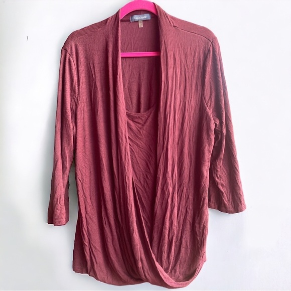 Laila Jayde Wine Red Ribbed Long Sleeve Faux Wrap Top - Size 3X - Picture 1 of 6